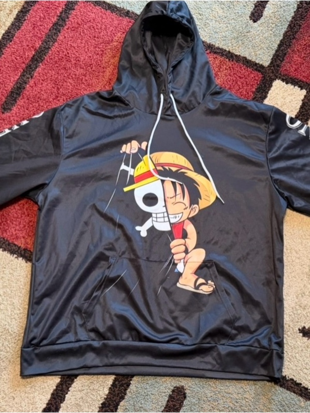 Mens Black Graphic Hoodie with Straw Hat Character